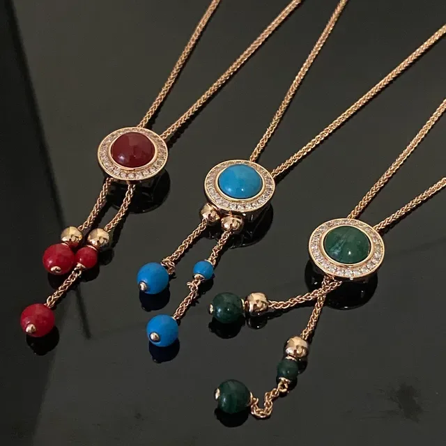 Gold Multicolor Chain Cabochon Gemstone Pendants Necklace 1
