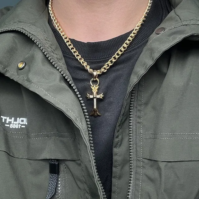 Gold Ornate Cross Pendant Pavé-Set Clear Stones Necklace 2