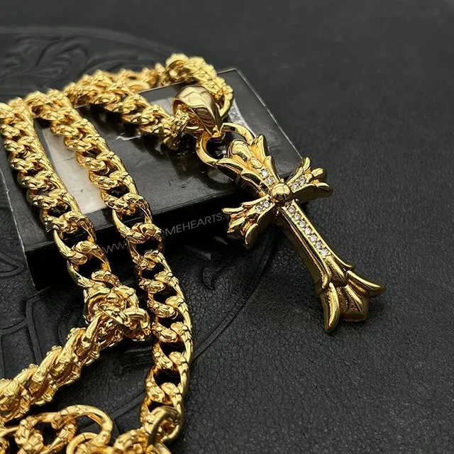 Gold Ornate Cross Pendant Pavé-Set Clear Stones Necklace 3