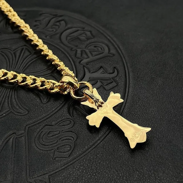 Gold Ornate Cross Pendant Pavé-Set Clear Stones Necklace 4