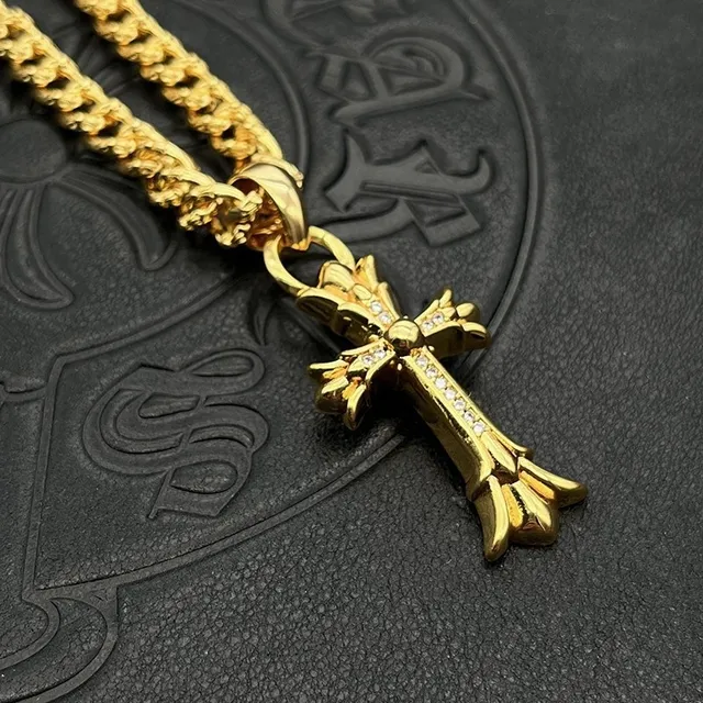 Gold Ornate Cross Pendant Pavé-Set Clear Stones Necklace 5