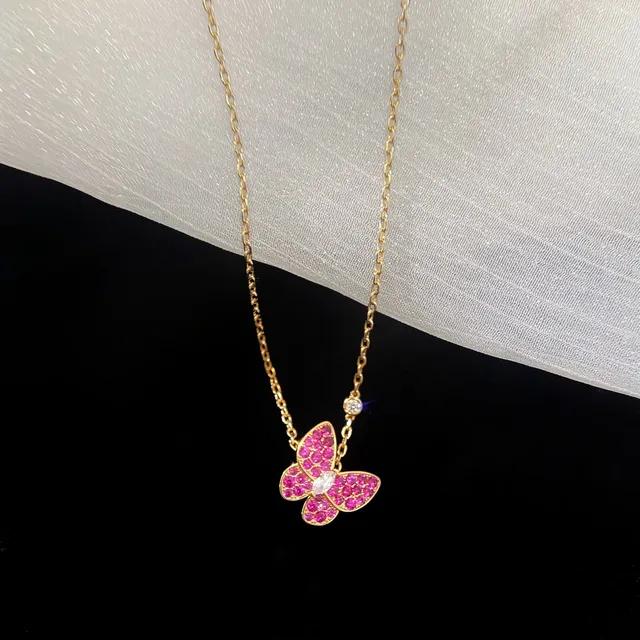 Gold Pink Chain Pavé-Set Gemstone Butterfly Necklace 2
