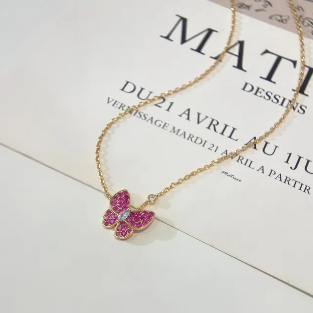 Gold Pink Chain Pavé-Set Gemstone Butterfly Necklace 4