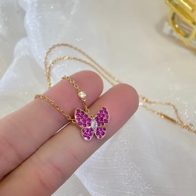 Gold Pink Chain Pavé-Set Gemstone Butterfly Necklace 5