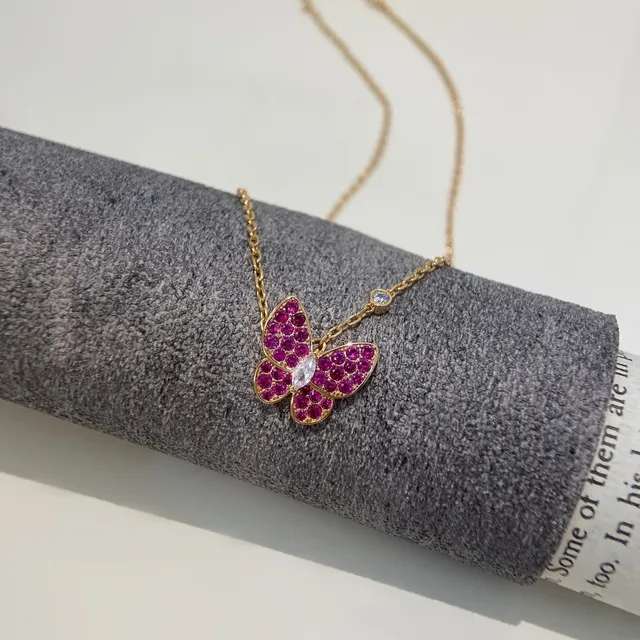 Gold Pink Chain Pavé-Set Gemstone Butterfly Necklace 6