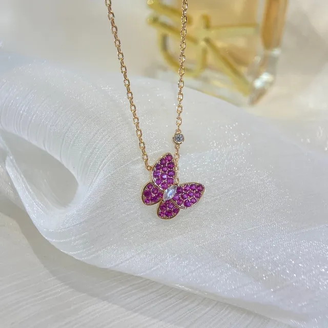 Gold Pink Chain Pavé-Set Gemstone Butterfly Necklace 7