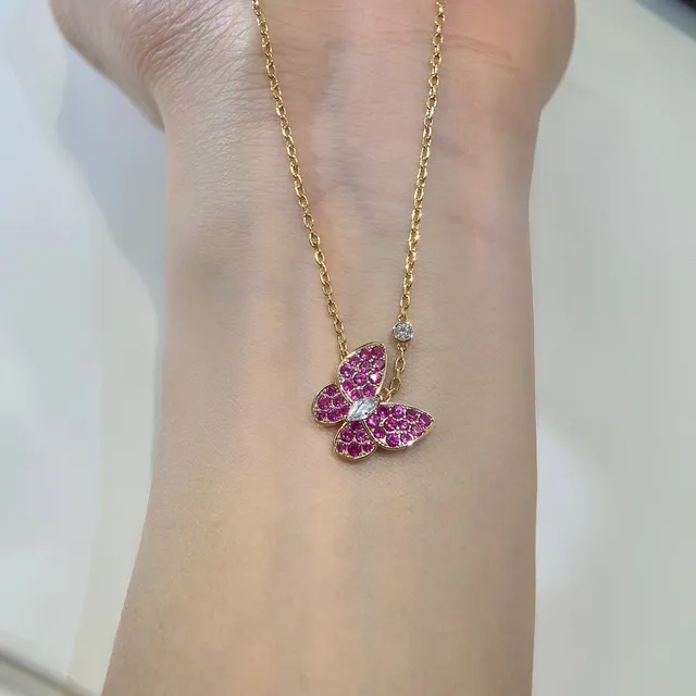 Gold Pink Chain Pavé-Set Gemstone Butterfly Necklace 8