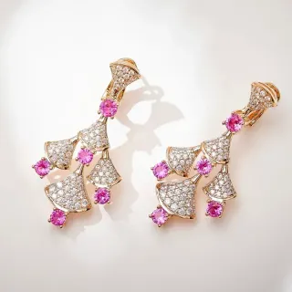 Gold Pink Fan-Shaped Pavé Tiers Gemstone Accents Earrings