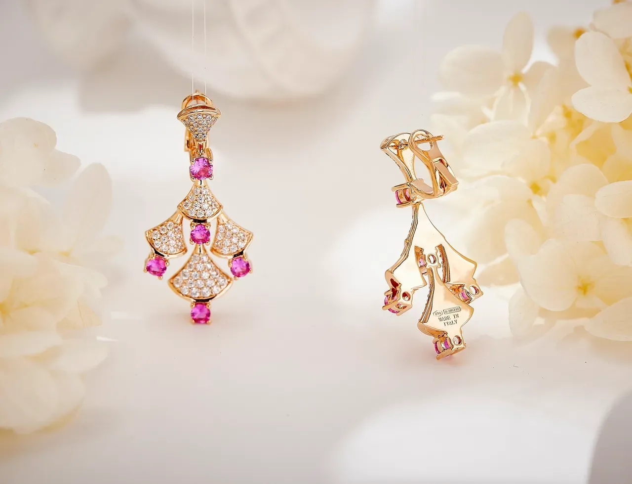 Gold Pink Fan-Shaped Pavé Tiers Gemstone Accents Earrings 2