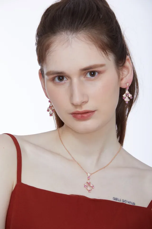 Gold Pink Fan-Shaped Pavé Tiers Gemstone Accents Earrings 3