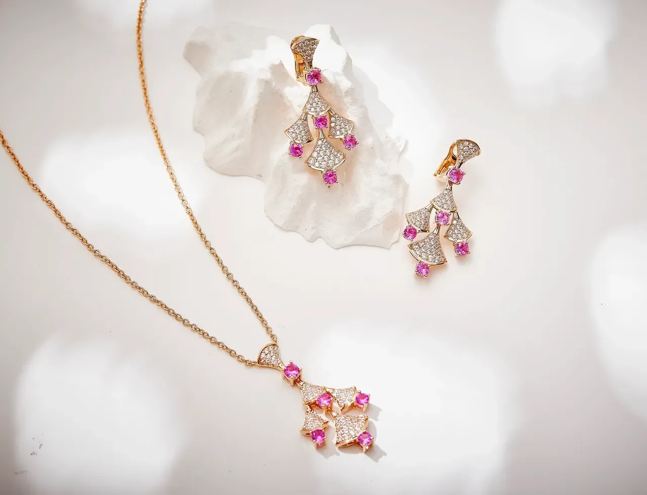 Gold Pink Fan-Shaped Pavé Tiers Gemstone Accents Earrings 4