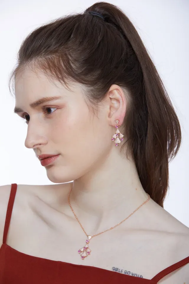 Gold Pink Fan-Shaped Pavé Tiers Gemstone Accents Earrings 5