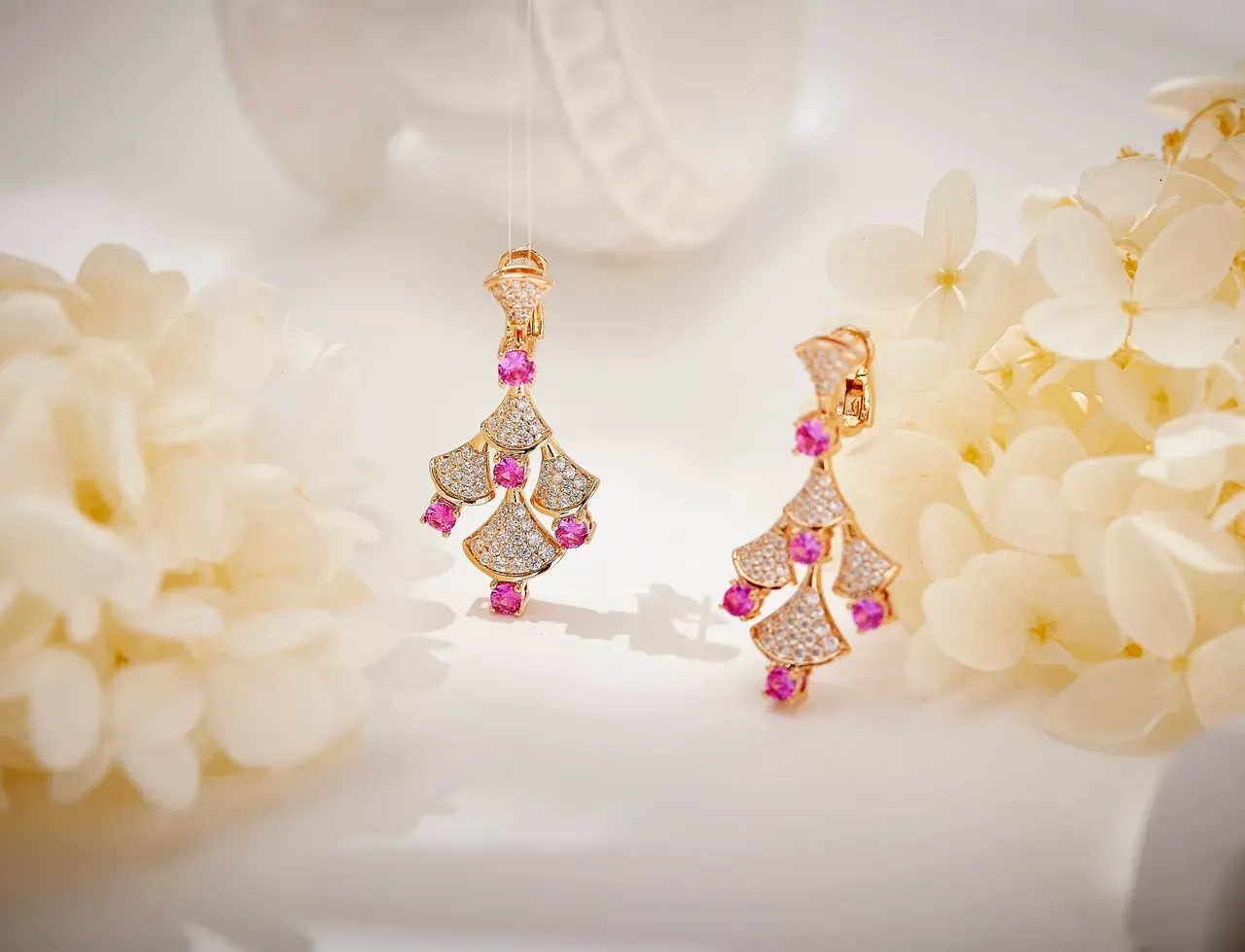 Gold Pink Fan-Shaped Pavé Tiers Gemstone Accents Earrings 6