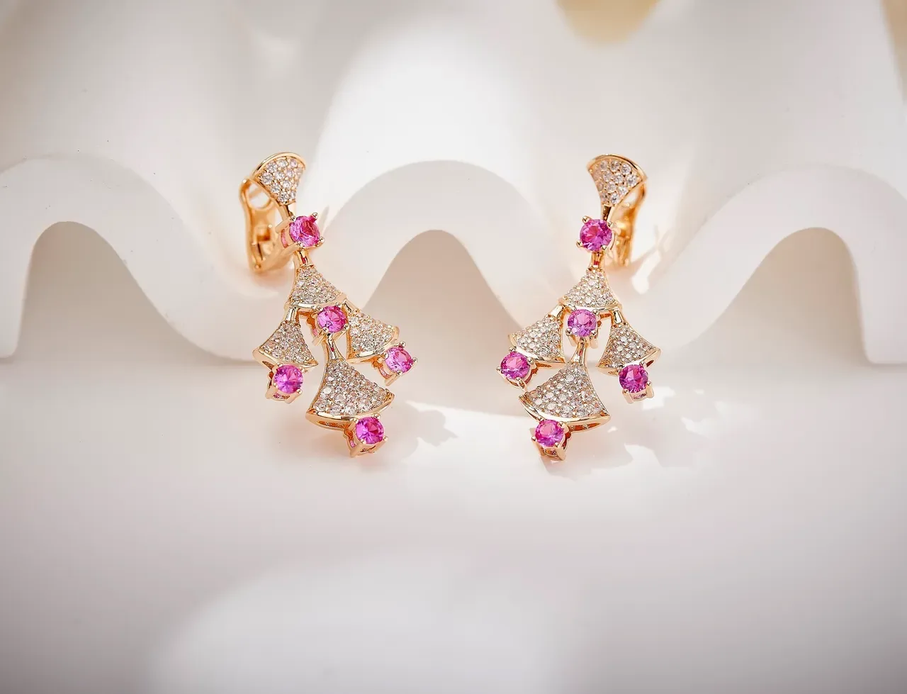 Gold Pink Fan-Shaped Pavé Tiers Gemstone Accents Earrings 7
