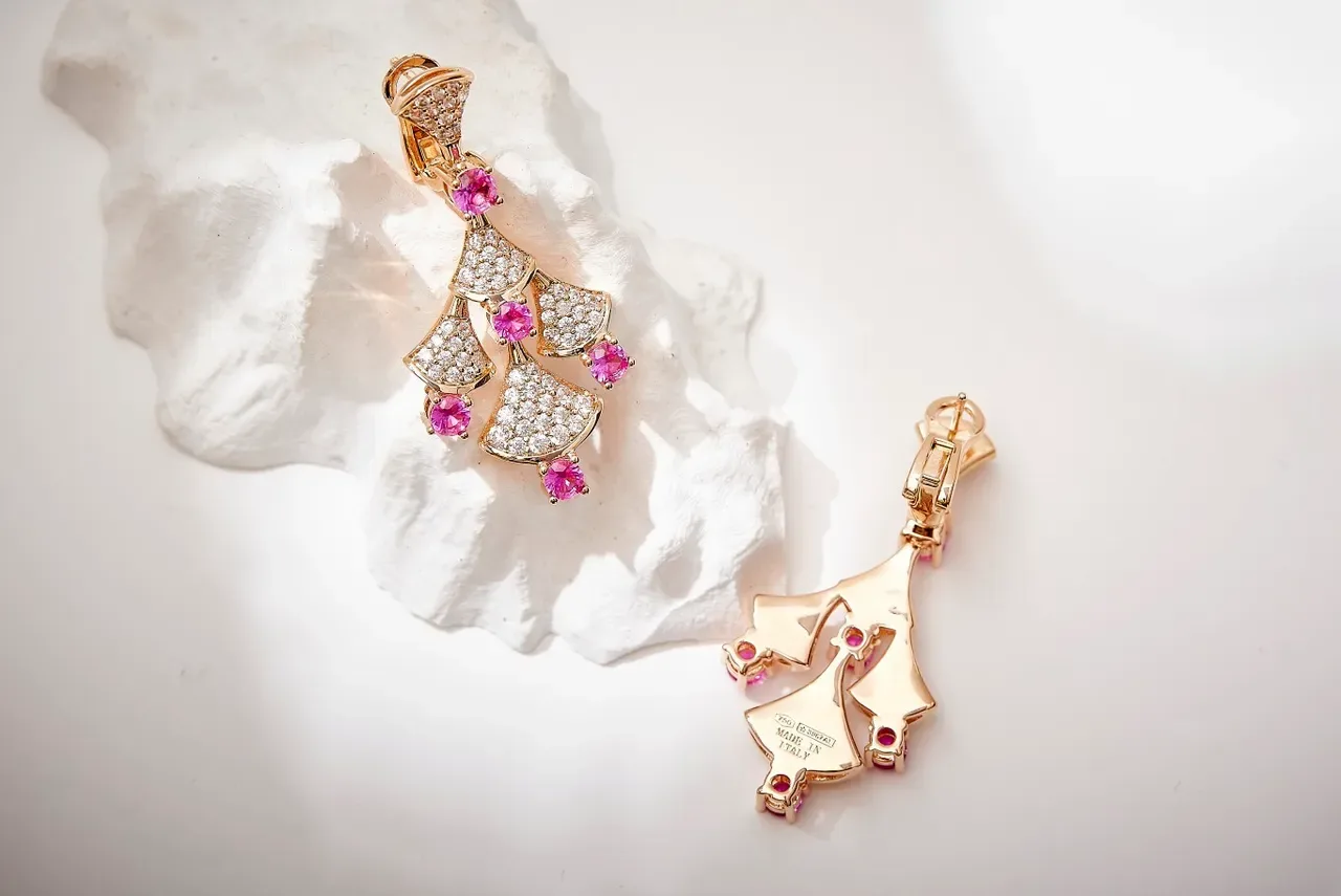 Gold Pink Fan-Shaped Pavé Tiers Gemstone Accents Earrings 8