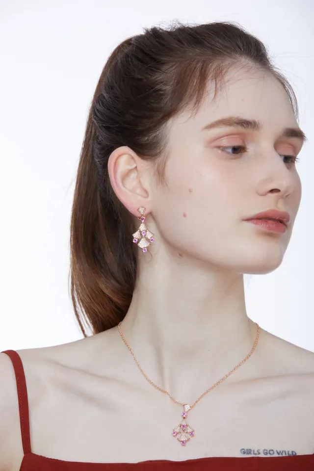 Gold Pink Fan-Tiered Pendant Pavé-Set Clear Stones Necklace 2