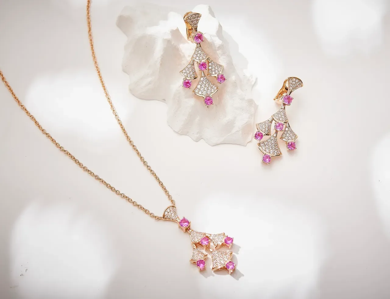 Gold Pink Fan-Tiered Pendant Pavé-Set Clear Stones Necklace 4