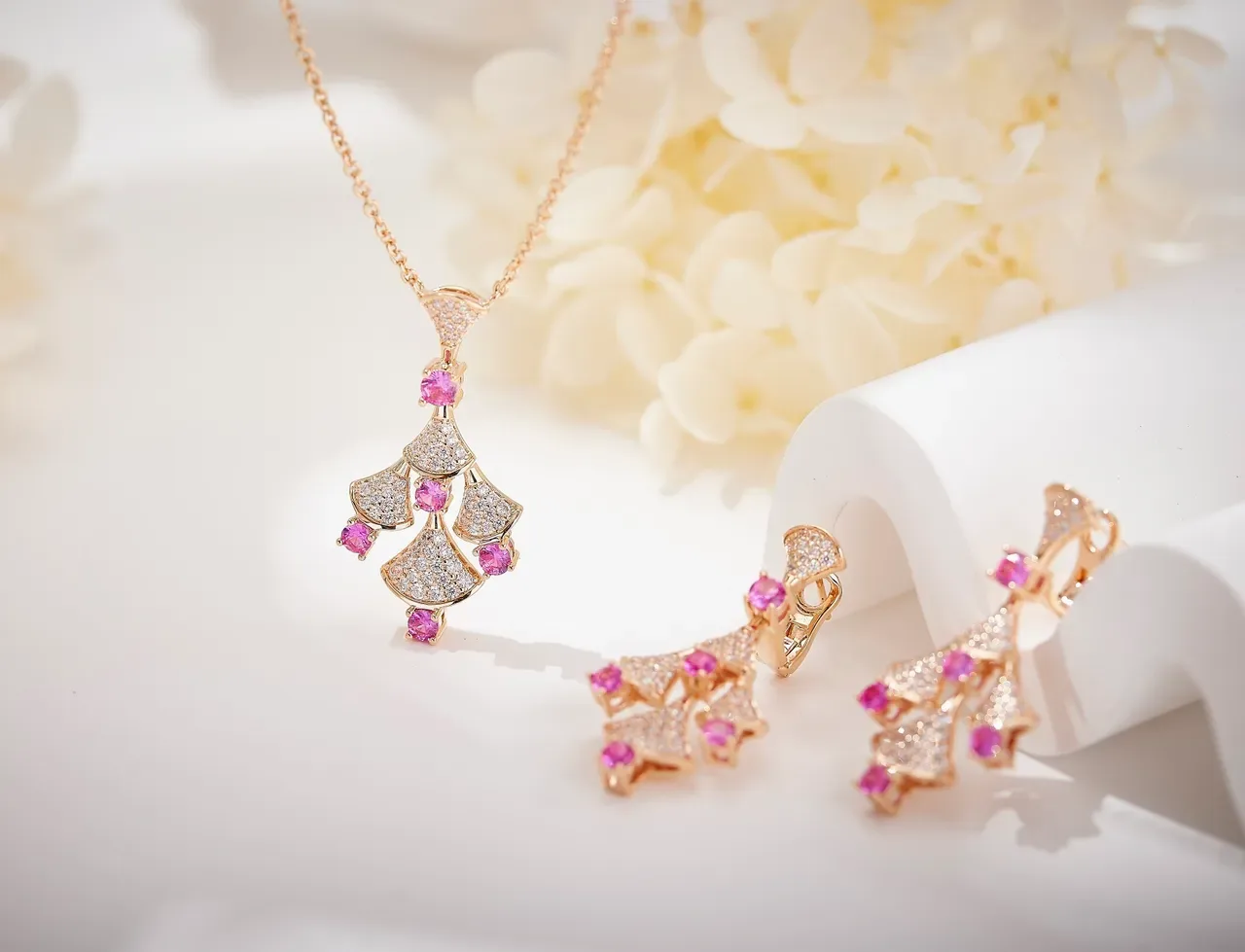 Gold Pink Fan-Tiered Pendant Pavé-Set Clear Stones Necklace 7