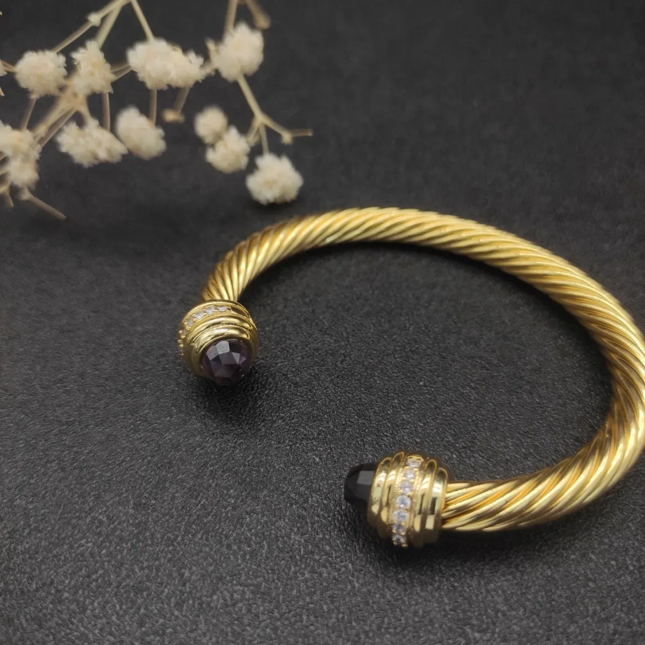 Gold Purple Twisted Cable Faceted Gemstone Terminals Bracelet 5