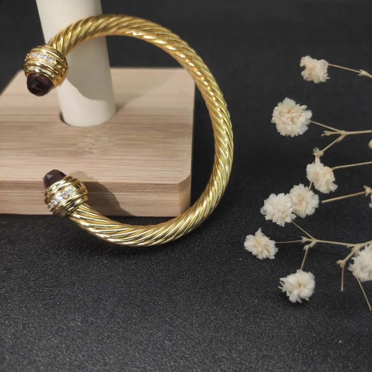 Gold Purple Twisted Cable Faceted Gemstone Terminals Bracelet 6