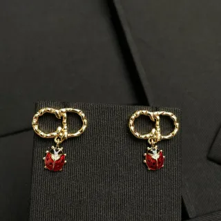 Gold Red Bamboo-Textured Hoops Enamel Ladybug Dangles Earrings