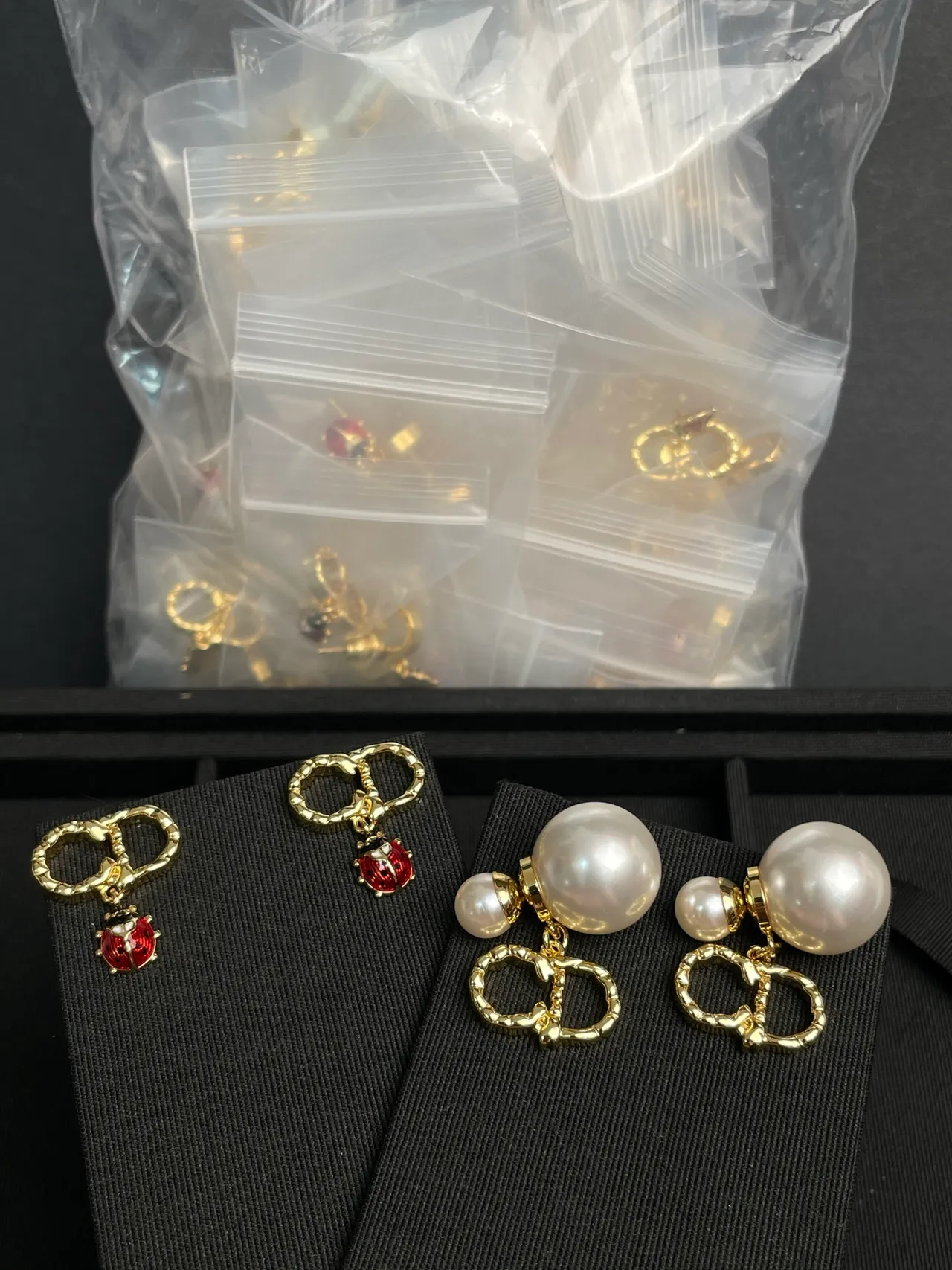 Gold Red Bamboo-Textured Hoops Enamel Ladybug Dangles Earrings 2
