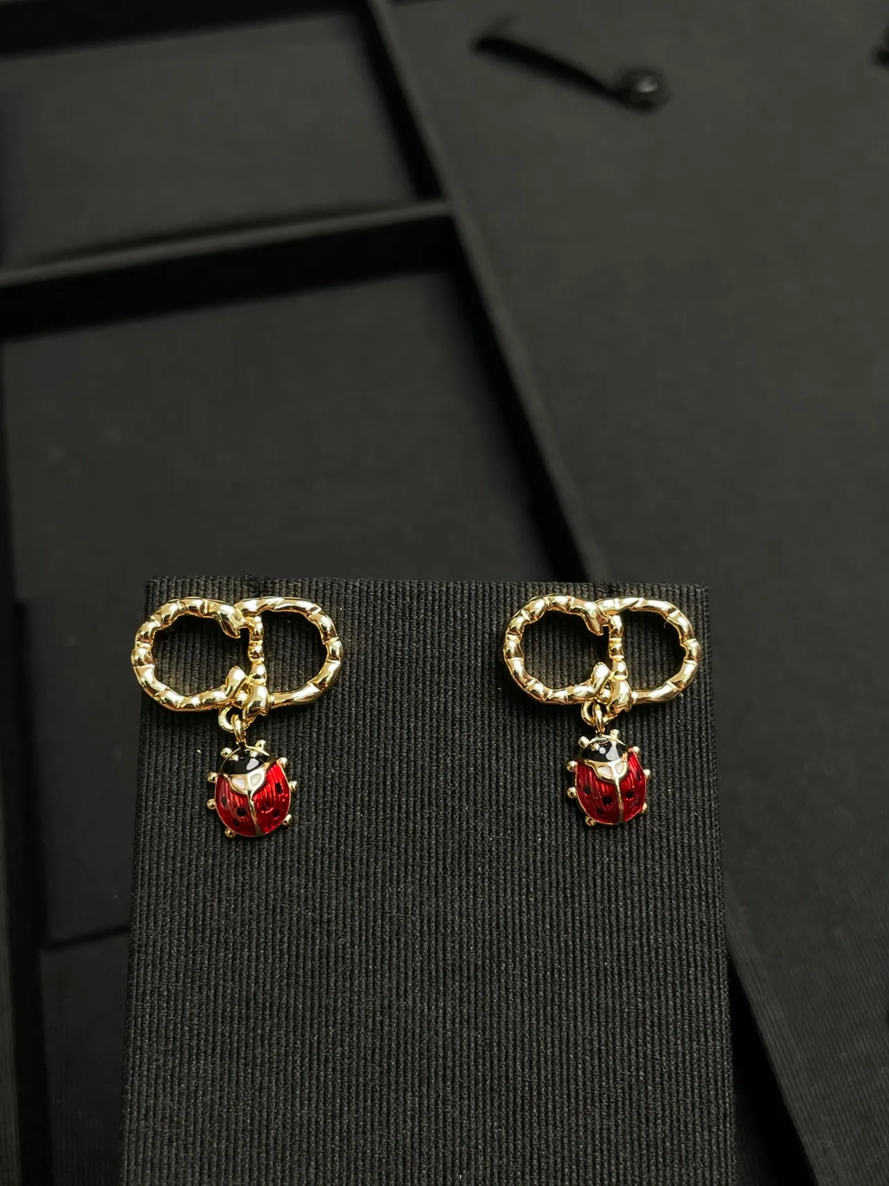 Gold Red Bamboo-Textured Hoops Enamel Ladybug Dangles Earrings 3