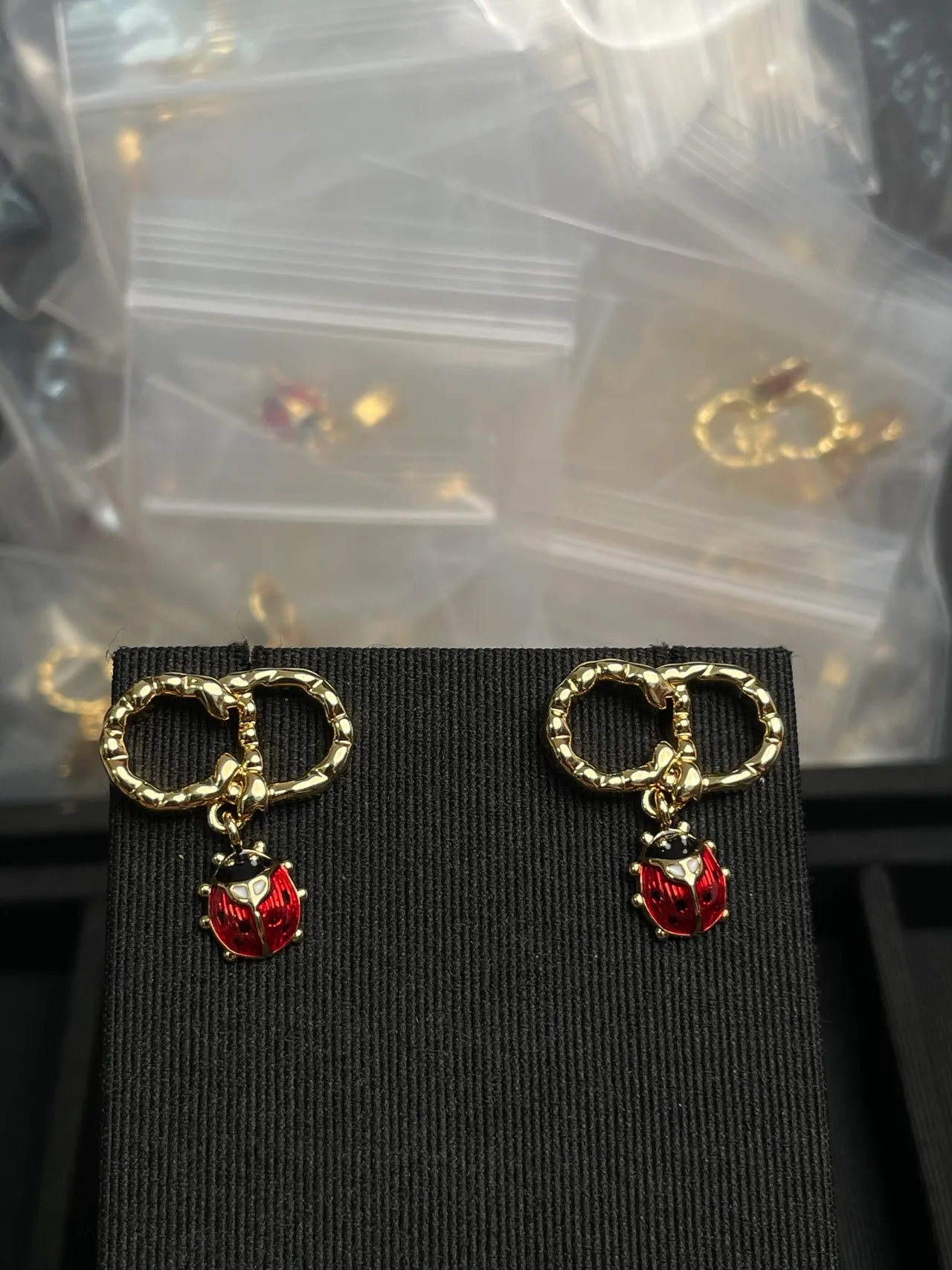 Gold Red Bamboo-Textured Hoops Enamel Ladybug Dangles Earrings 4
