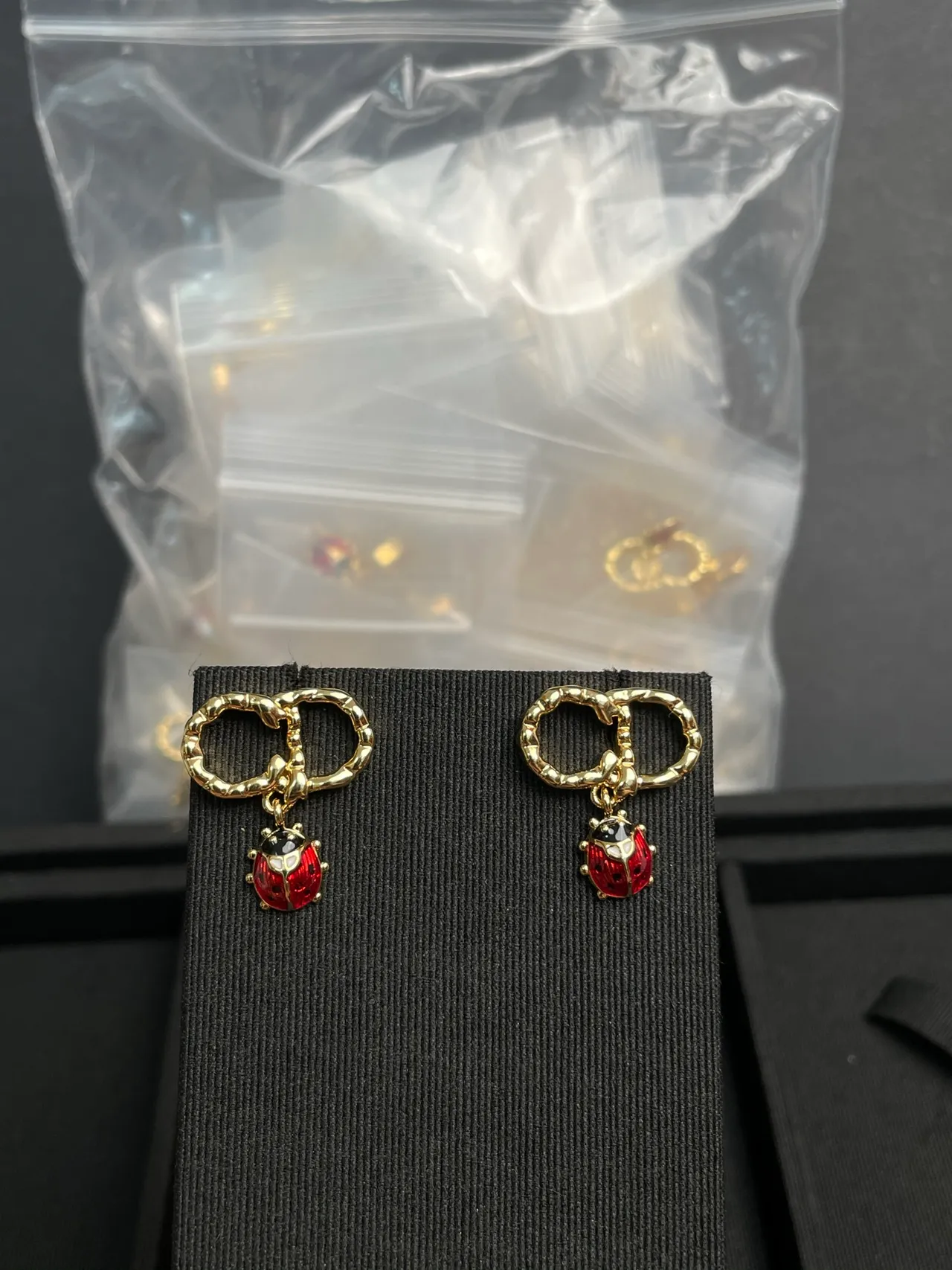 Gold Red Bamboo-Textured Hoops Enamel Ladybug Dangles Earrings 5