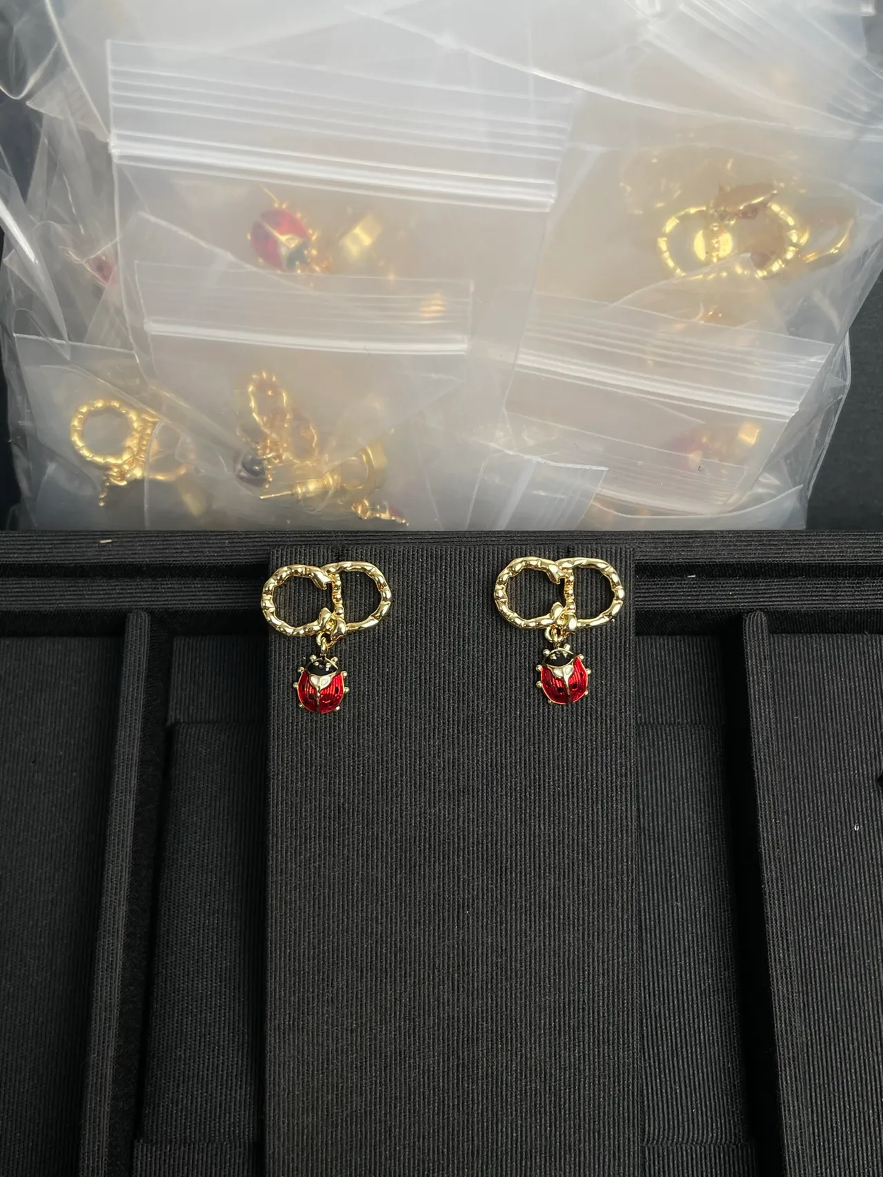 Gold Red Bamboo-Textured Hoops Enamel Ladybug Dangles Earrings 6
