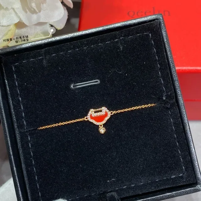 Gold Red Chain Enamel Pendant Bracelet 3