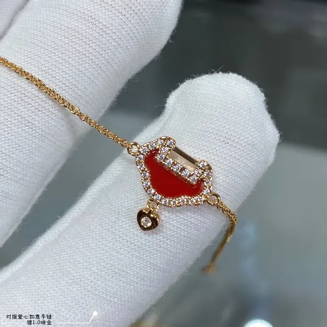 Gold Red Chain Enamel Pendant Bracelet 5