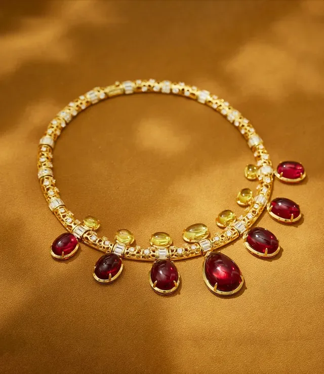 Gold Red Filigree Cabochon Gemstones Necklace 2