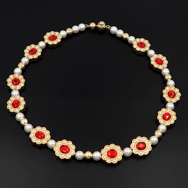 Gold Red Floral Motif Stone Centerpiece Necklace 5