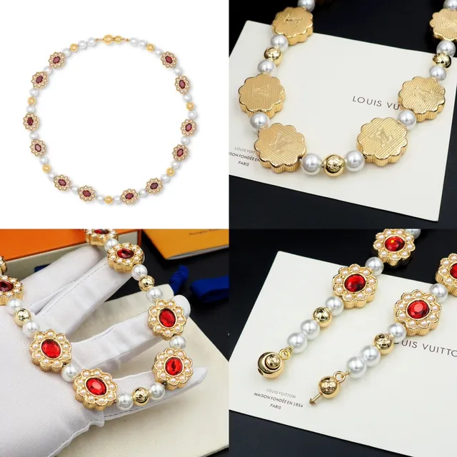 Gold Red Floral Motif Stone Centerpiece Necklace 9