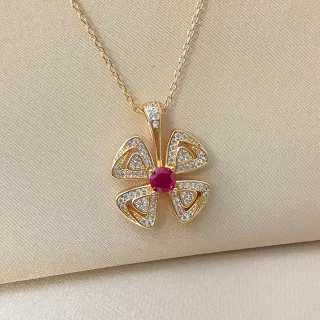 سلسلة كلوفر ذهبية قلادة أربع بتلات أحمر Pave حجارة شفافة