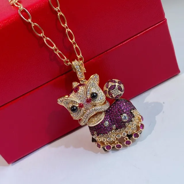 Gold Red Gem-Encrusted Animal Pendant Oval-Link Chain Necklace 3