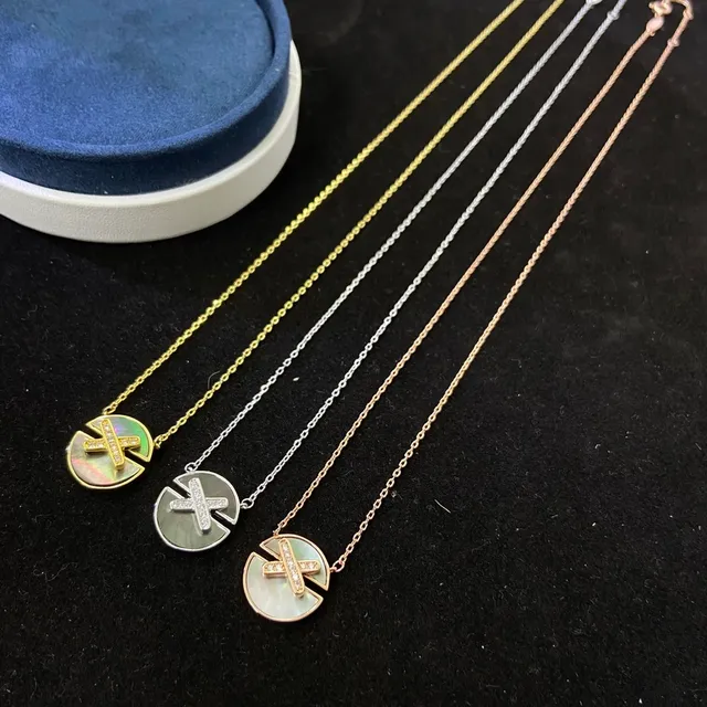 Gold Rose Gold Silver Cross Motif Mother-of-Pearl Disc Pendant Necklaces 2