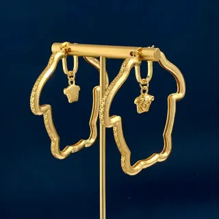 Gold Scalloped Hoop Greek Key Pattern Earrings