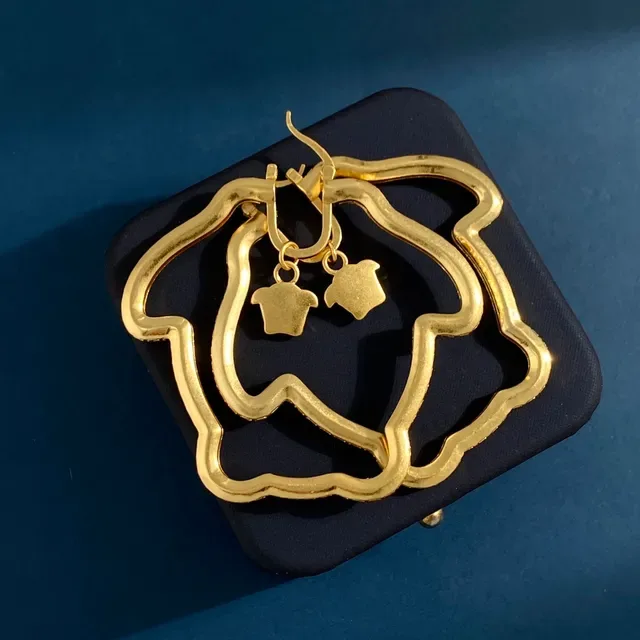 Gold Scalloped Hoop Greek Key Pattern Earrings 2