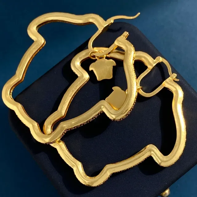 Gold Scalloped Hoop Greek Key Pattern Earrings 3