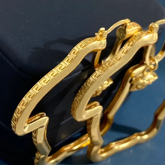 Gold Scalloped Hoop Greek Key Pattern Earrings 4