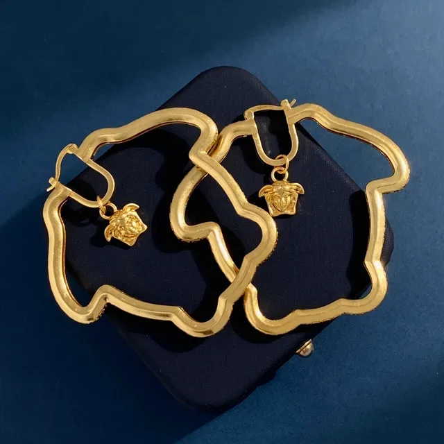 Gold Scalloped Hoop Greek Key Pattern Earrings 6