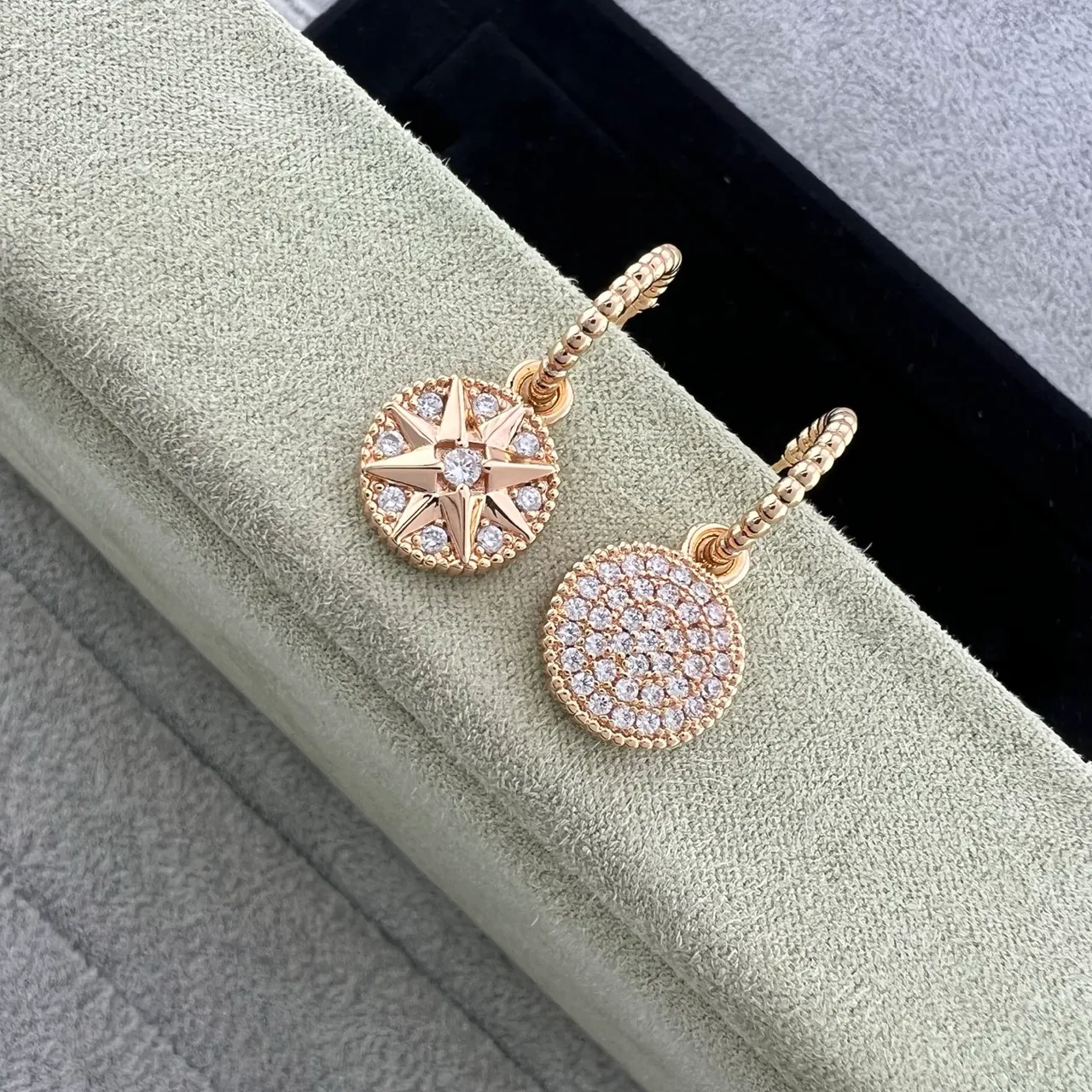 Gold Silver Compass-Star Motif Pavé-Set Clear Stones Earrings 2