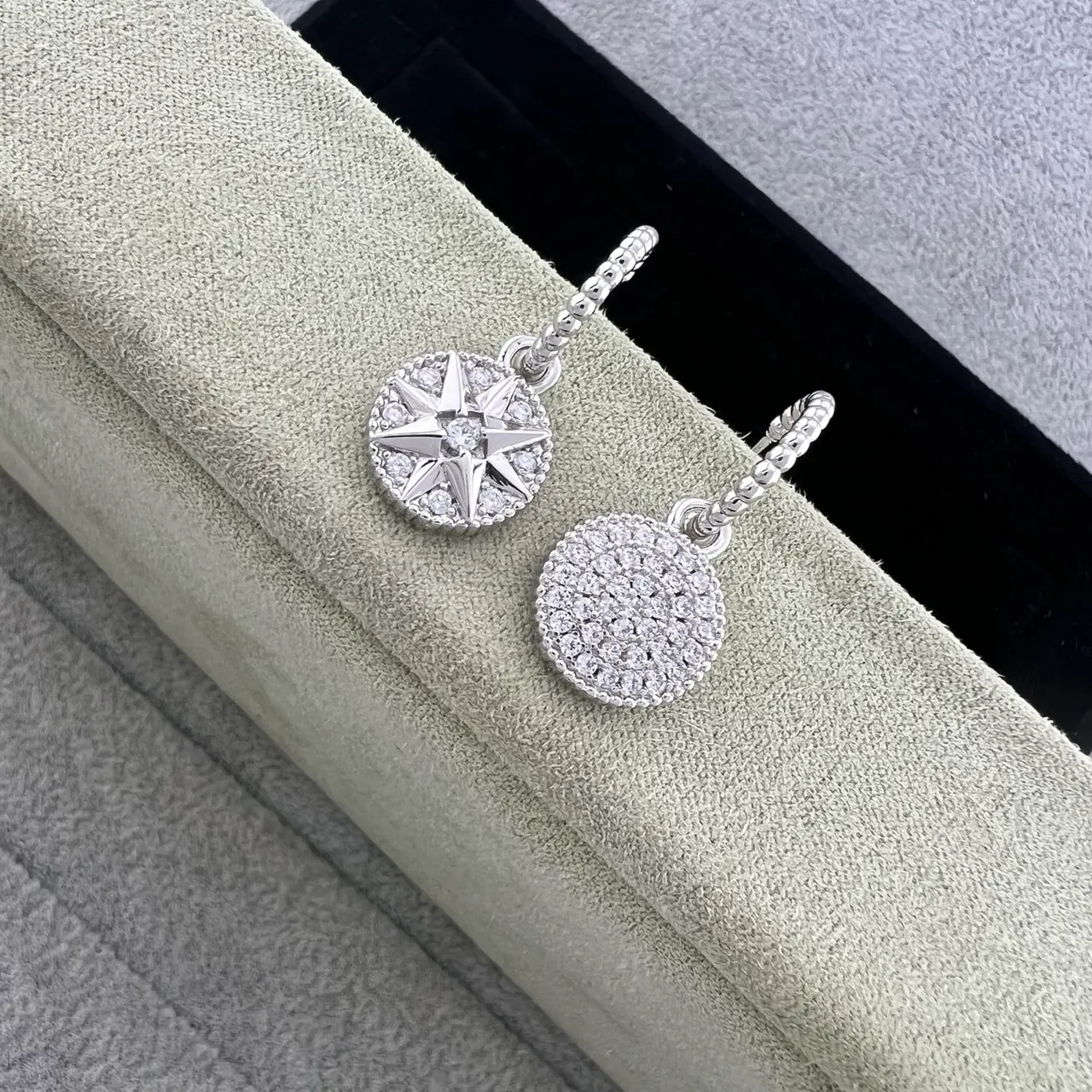 Gold Silver Compass-Star Motif Pavé-Set Clear Stones Earrings 3