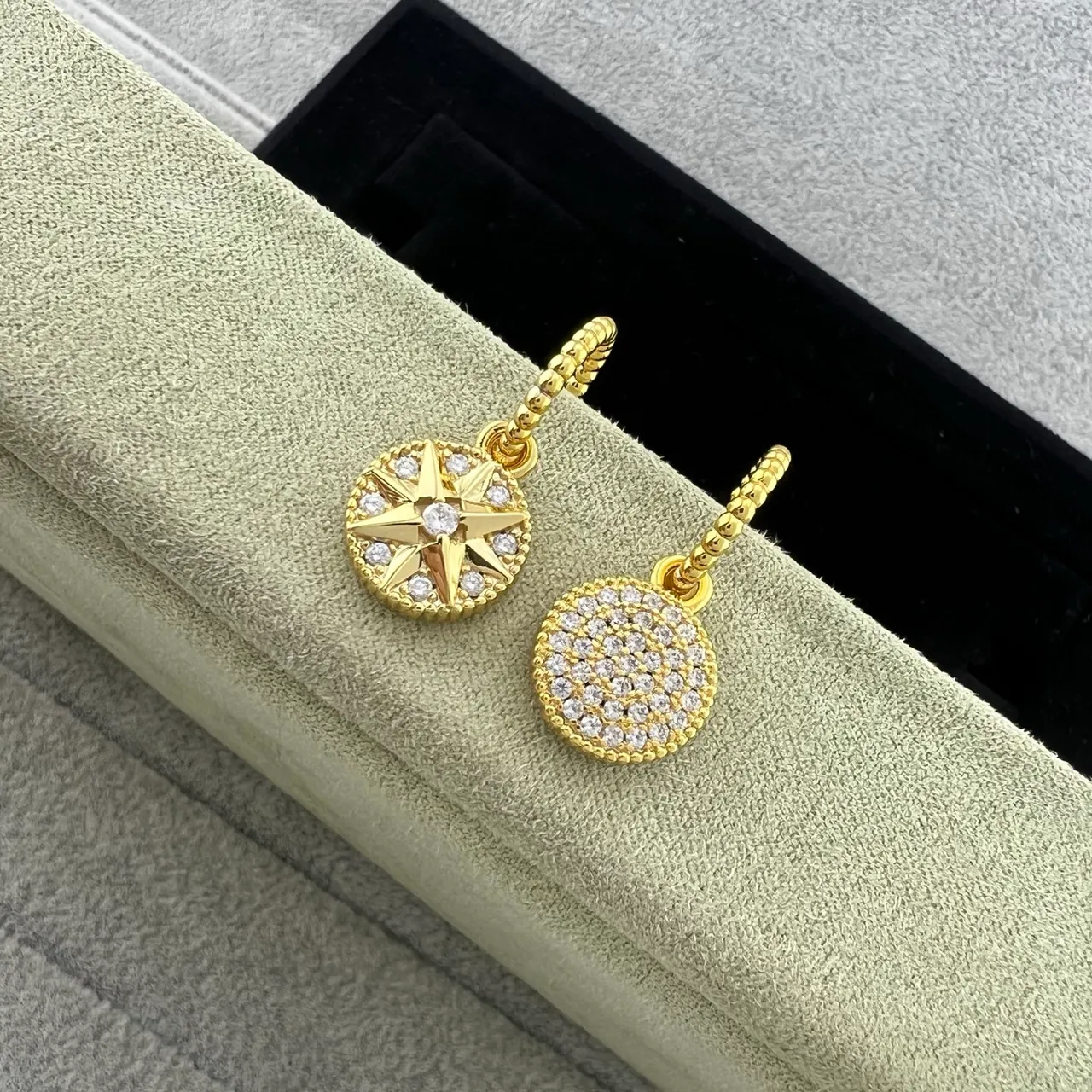 Gold Silver Compass-Star Motif Pavé-Set Clear Stones Earrings 4