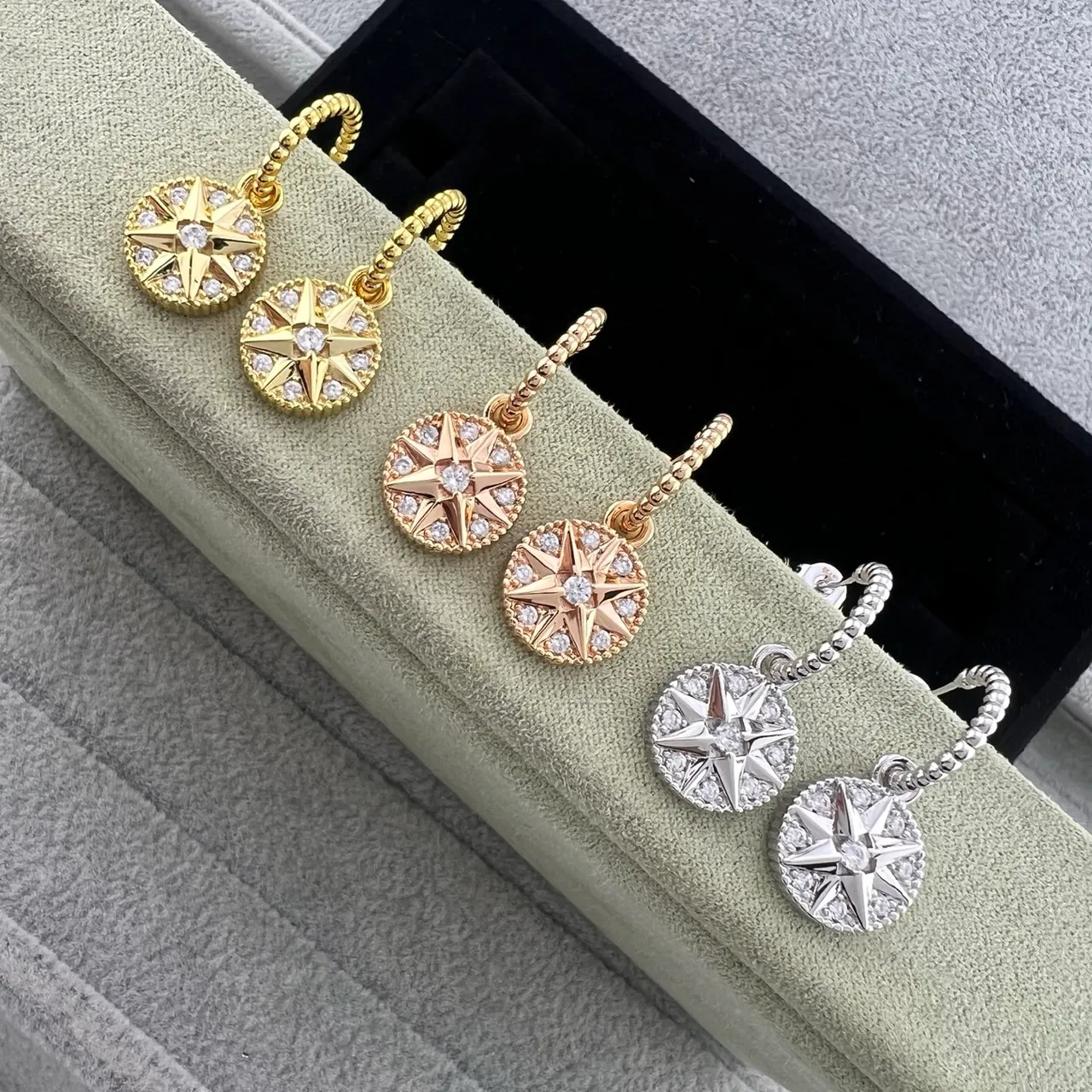 Gold Silver Compass-Star Motif Pavé-Set Clear Stones Earrings 5
