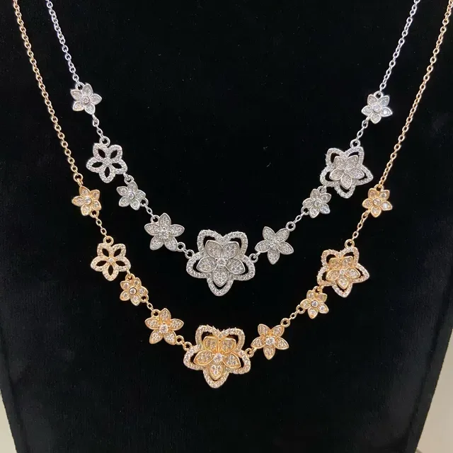Gold Silver Floral Motif Pavé-Set Stones Necklace 2
