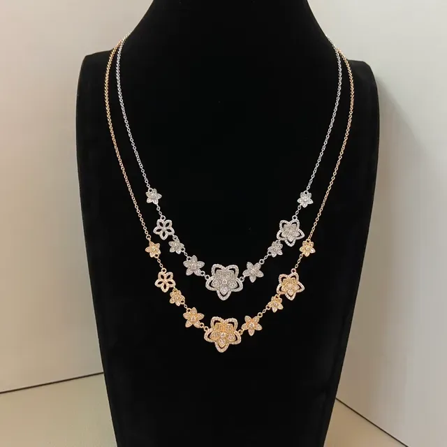 Gold Silver Floral Motif Pavé-Set Stones Necklace 3