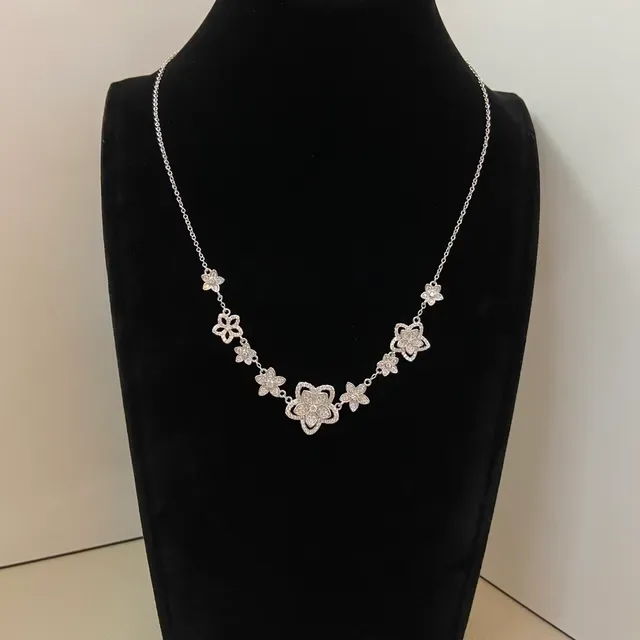 Gold Silver Floral Motif Pavé-Set Stones Necklace 4